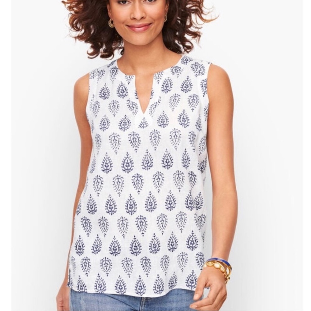 Talbots | White w/Navy Linen Sleeveless Blouse Top NWOT Sz S